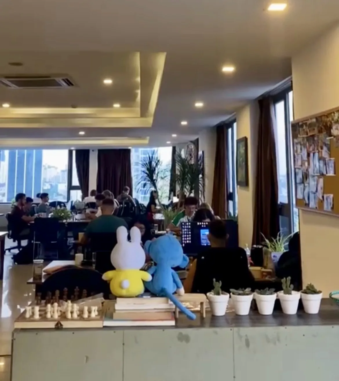 Ambiente interno de um espaço de coworking iluminado em Da Nang, com mesas de trabalho ocupadas por pessoas frente a computadores, cortinas marrons nas janelas laterais e, em primeiro plano, uma bancada decorada com bonecos de pelúcia de coelho e macaco e pequenos vasos de cactos