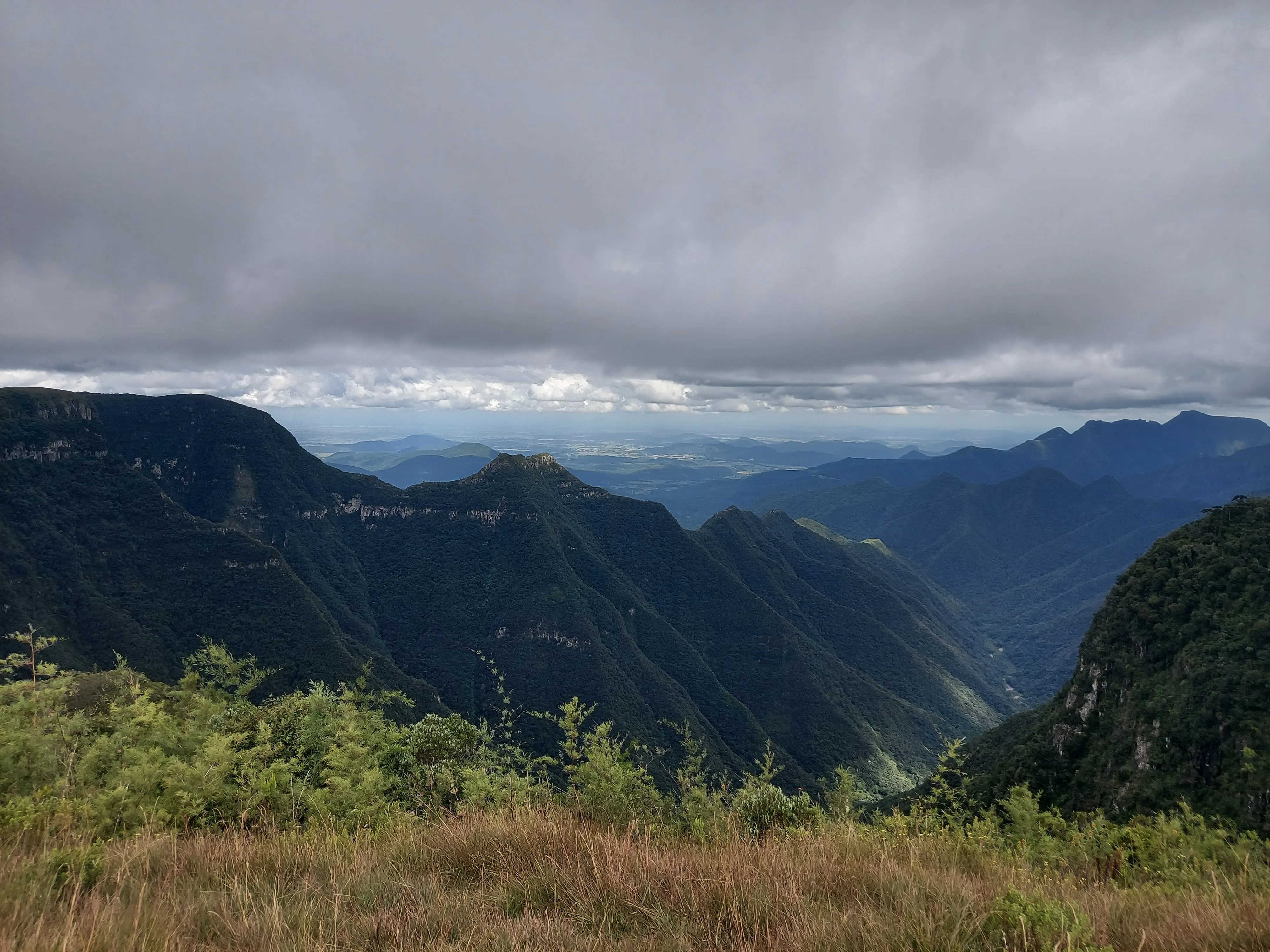 Paisagem panorâmica do Cânion Montenegro, exibindo paredões rochosos íngremes cobertos por vegetação verde-escura, arbustos rasteiros em primeiro plano e um céu tomado por pesadas nuvens cinzentas ao fundo.